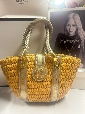 Michael Kors Woven Straw Tote with Gold Hardware with braided leather designer